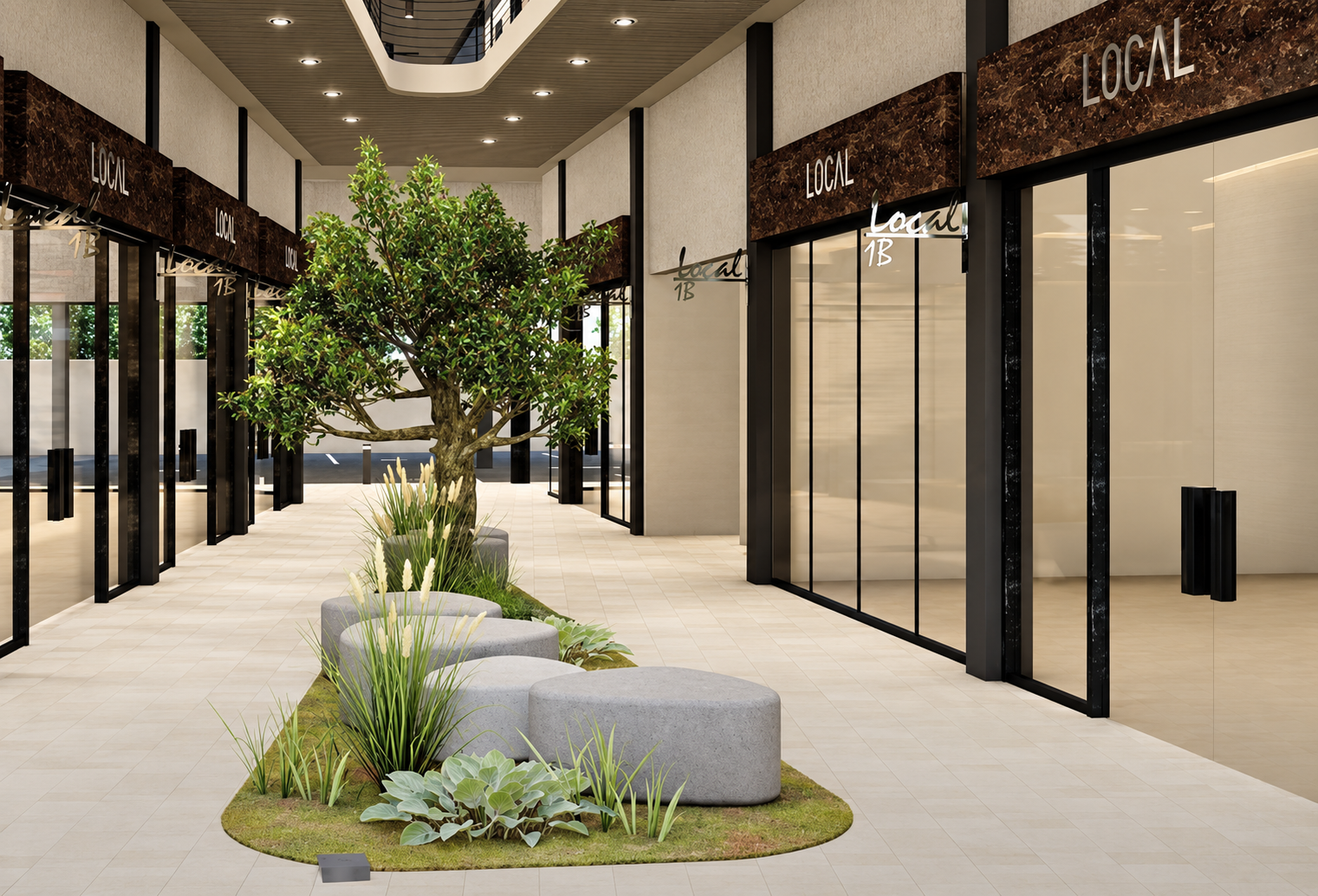 Galería comercial interior con jardín central