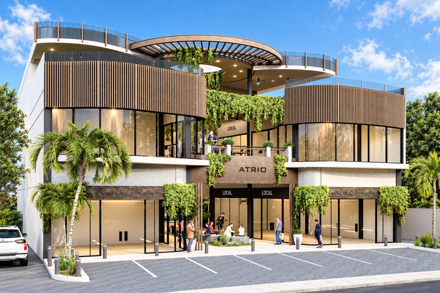Plaza comercial renovada bajo cielo azul