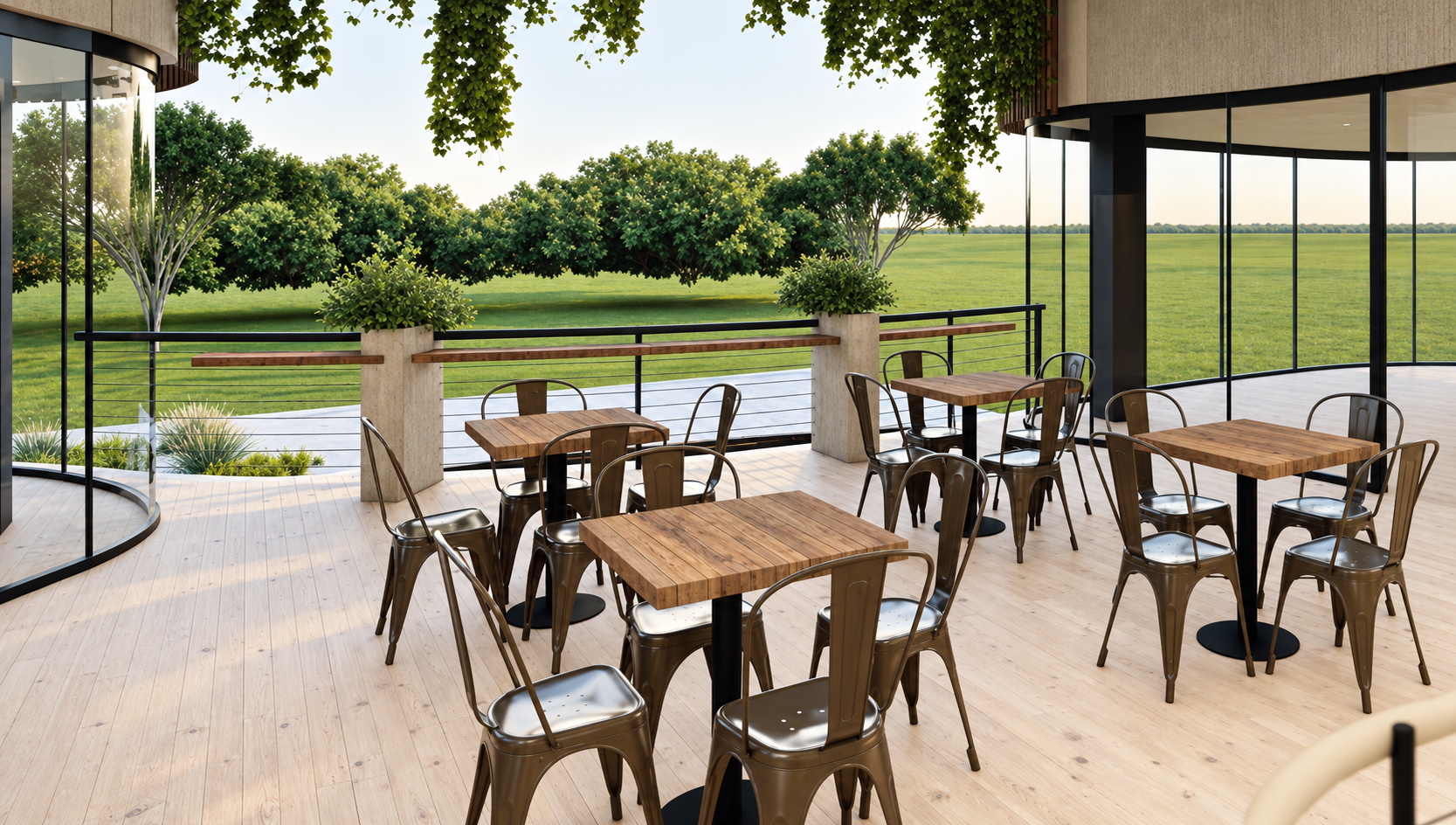 Terraza de madera y vidrio restaurada